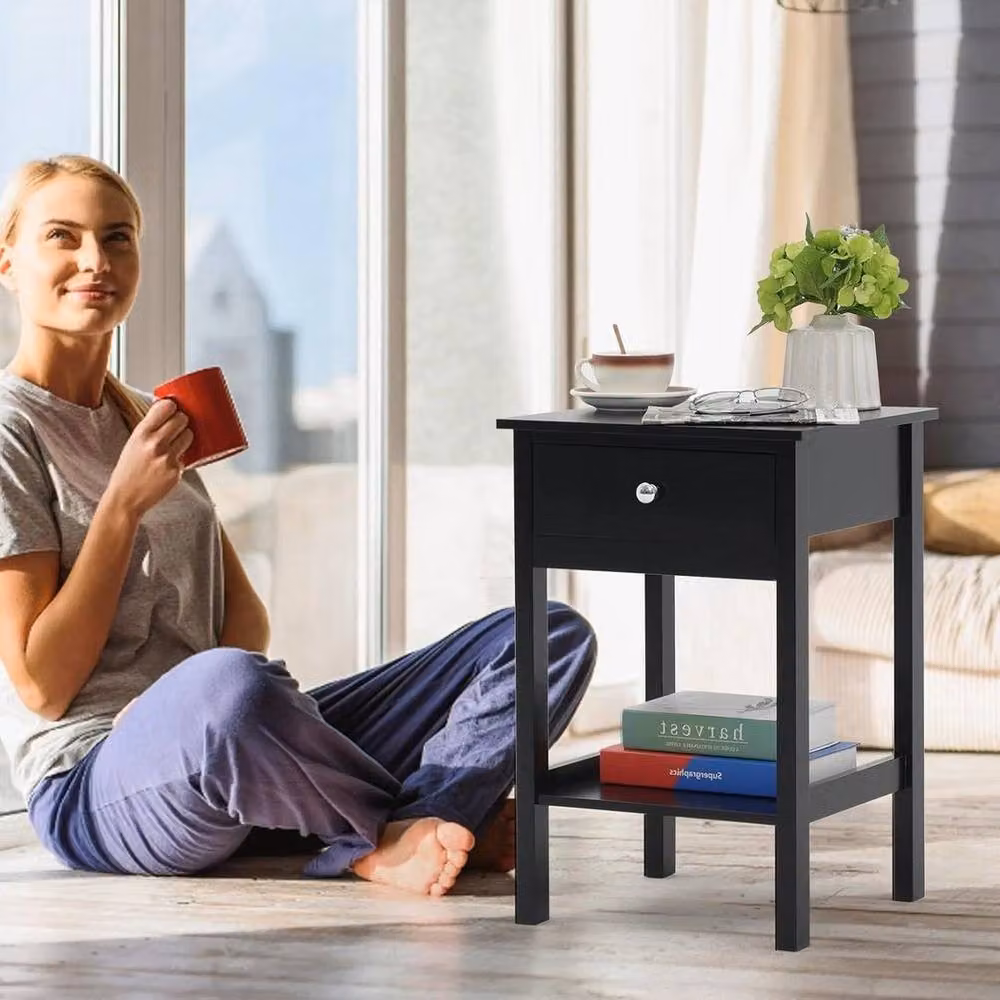 FORGEVIO Black Minimalist Wood Bedside Table with Drawer – 4