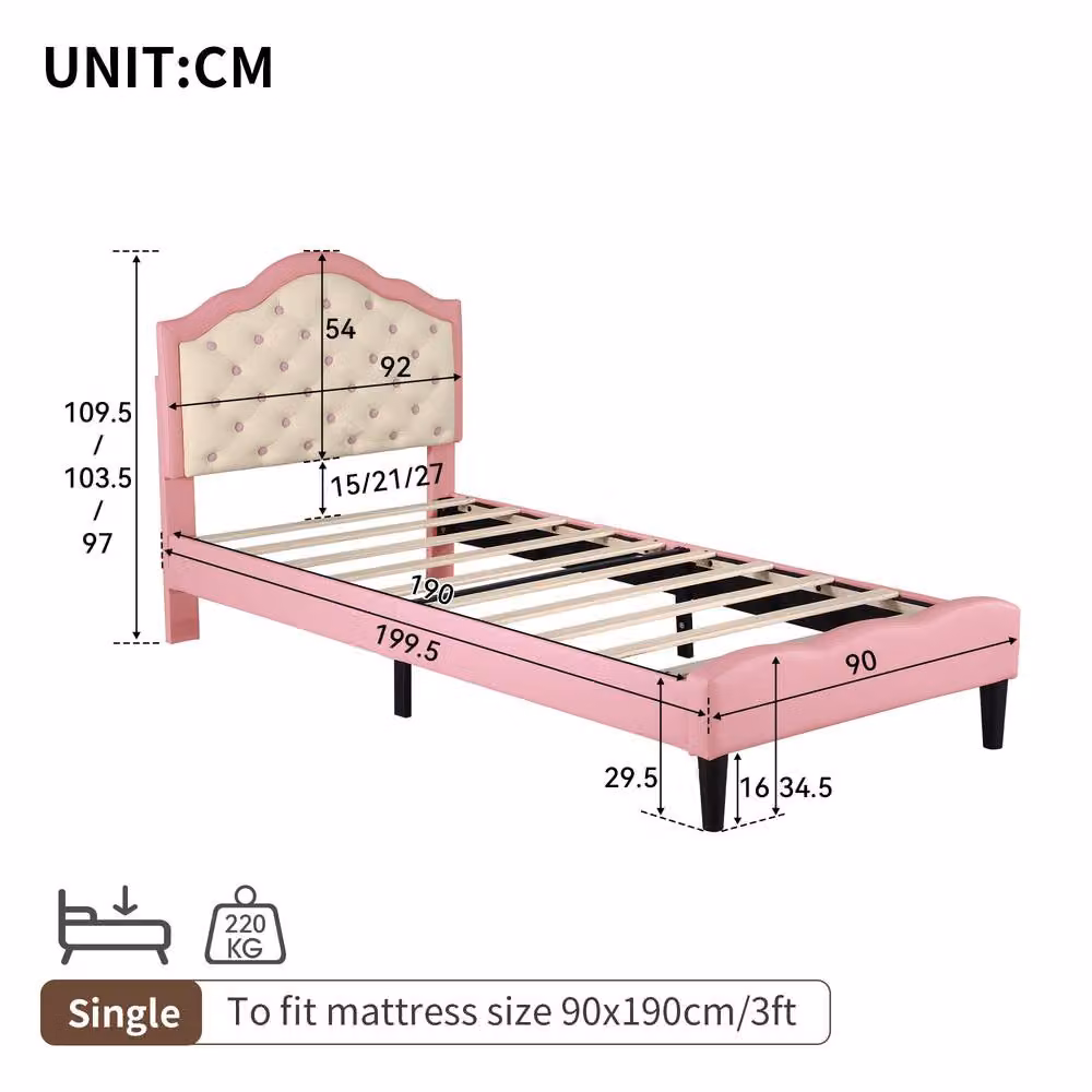 Matteo Single Upholstered Bed Frame in Pink and Beige, W/D/H: 90 x 190 cm – 2