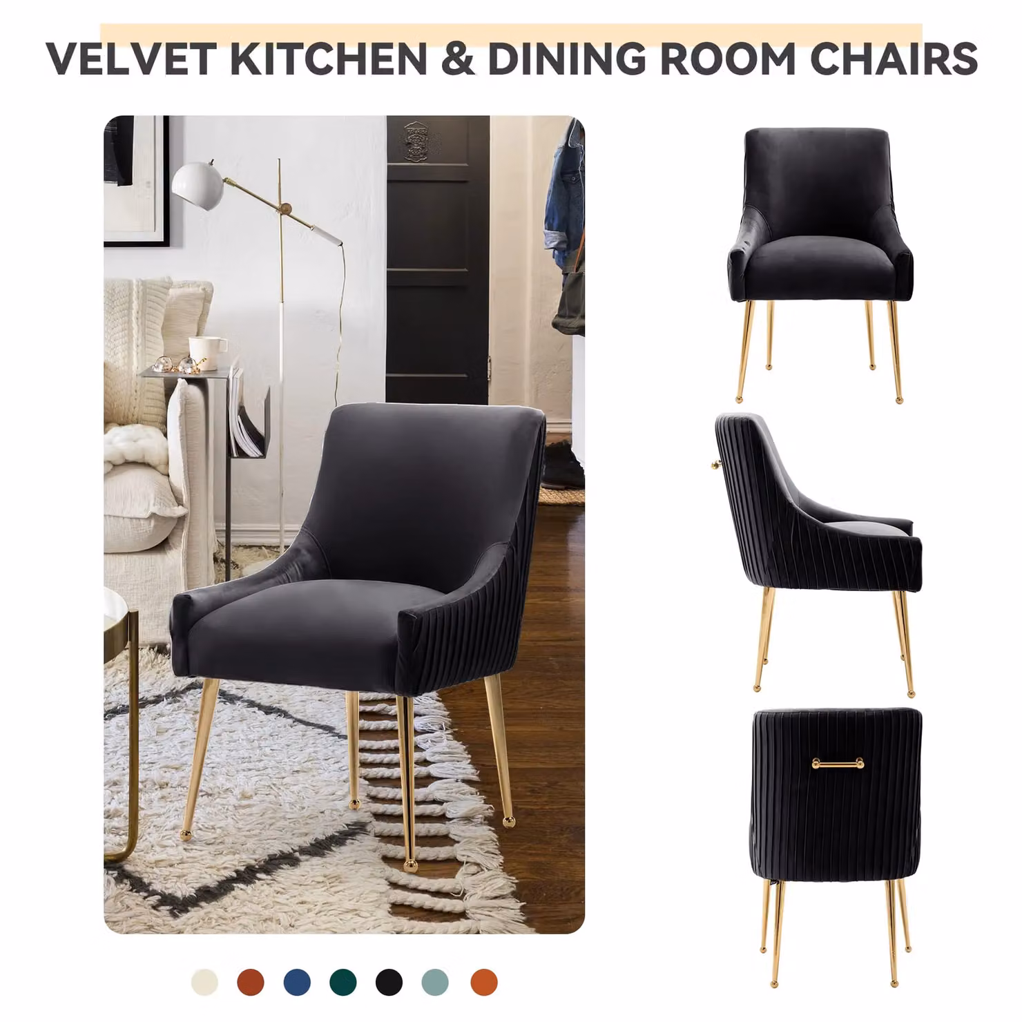 SEYNAR Set of 2 Modern Upholstered Velvet Dining Chairs with Gold Metal Legs in Black – 4