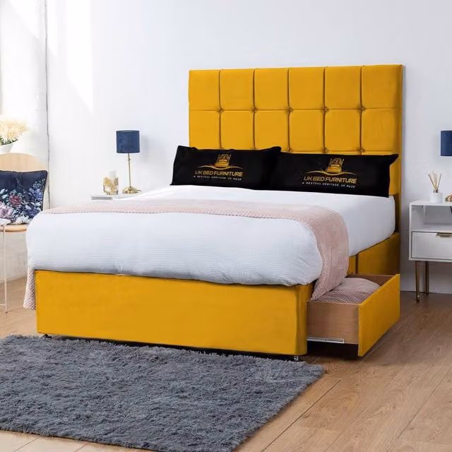 UK Bed Furniture Florence Divan Bed with 2 Drawers and 26 Inch Headboard in Yellow Velvet, W/D/H: 180 x 200 cm
