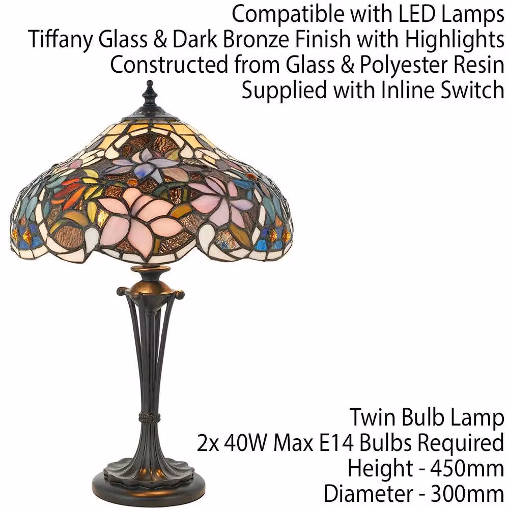 Loops Tiffany Glass Table Lamp with Multi Colour Floral Shade in Dark Bronze – 2
