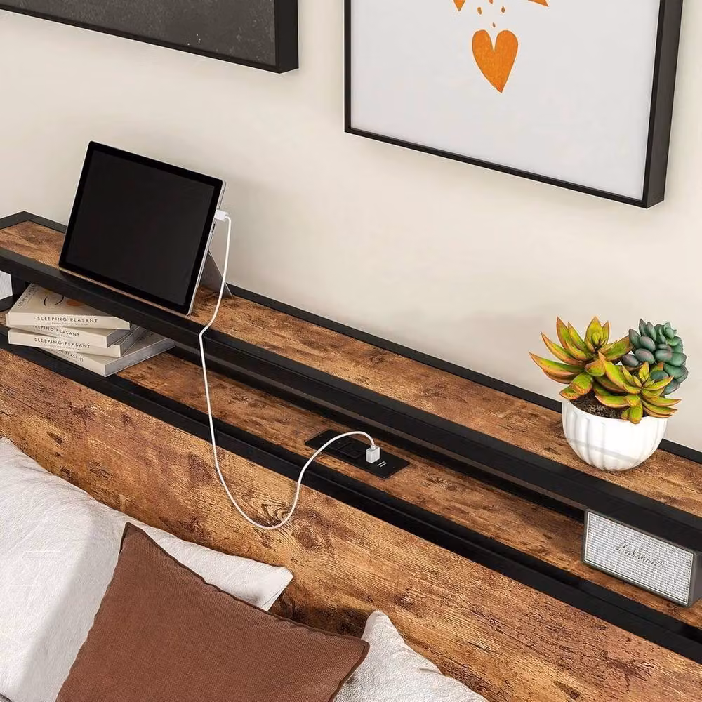Kelvenix Industrial Metal Platform Bed Frame in Brown and Black with USB Charging Port and Bedside Shelf – 2