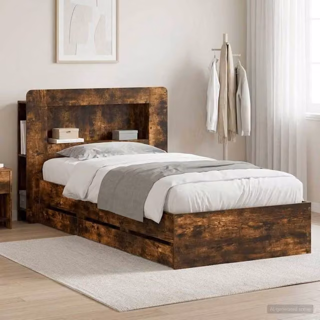 Berkfield Home Modern Bed Frame with Storage Drawers in Smoked Oak Brown, W: 90 cm x L: 200 cm