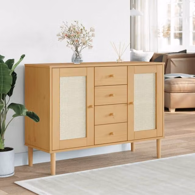 Berkfield Home Senja Sideboard in Brown Rattan Look Solid Pine Wood, W/D/H: 112 x 40 x 80 cm