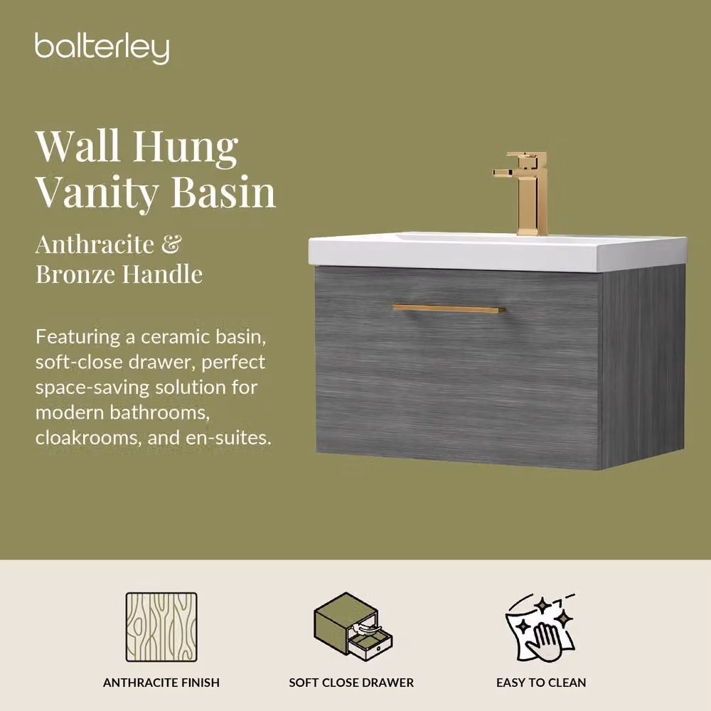Balterley 600mm Wall Hung 1 Drawer Vanity in Woodgrain Anthracite Grey with Bronze Handle – 2