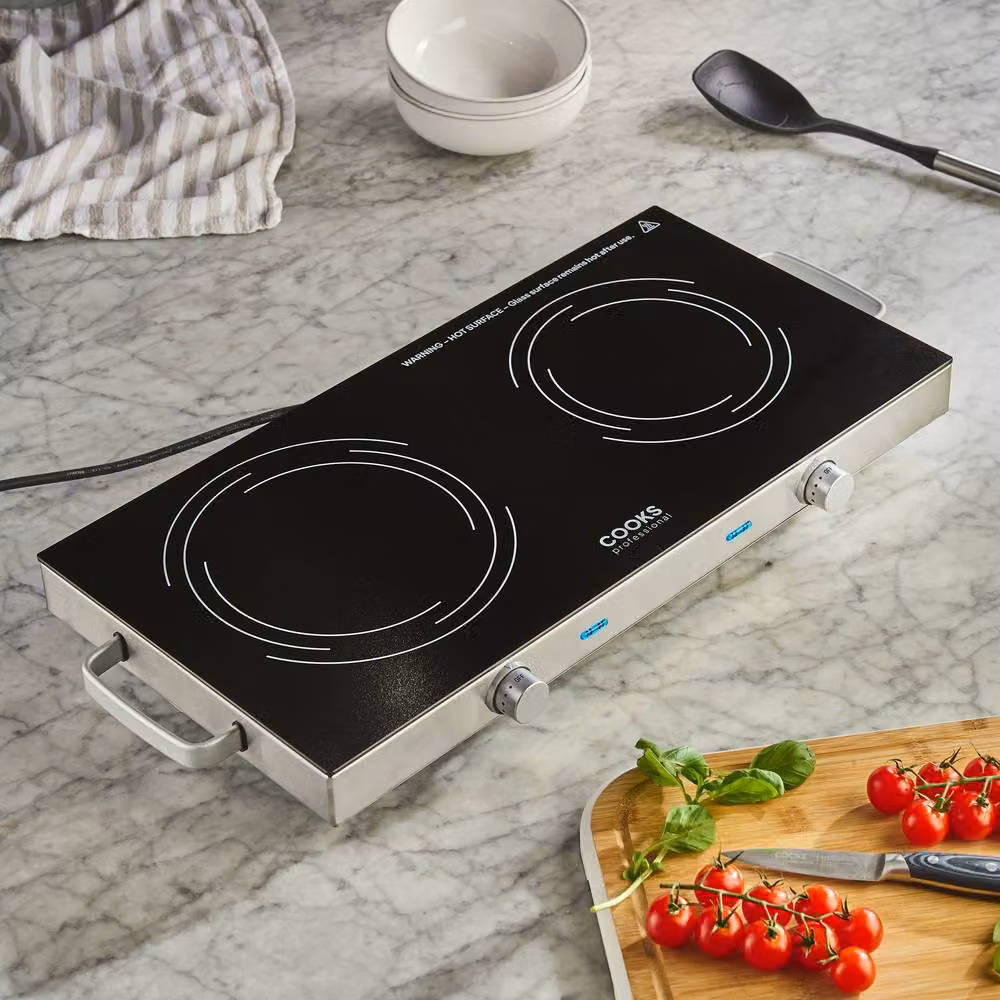 Cooks Professional Double Electric Ceramic Hob Portable Hotplate 2500W in Black and Silver – 2