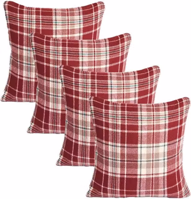 OHS Pack of 4 Red Woven Check Square Cushion Covers