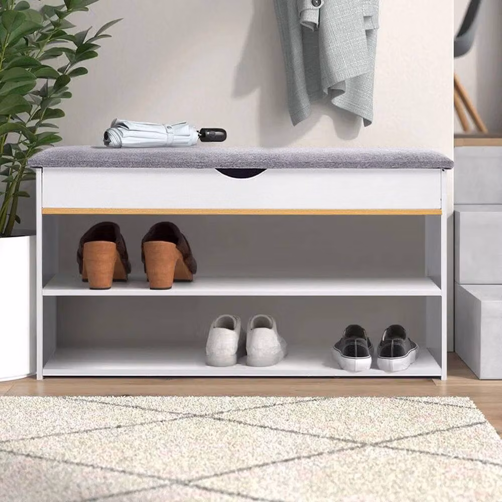 KORVIXA White Wooden Hallway Bench and Shoe Rack Storage Cabinet – 2
