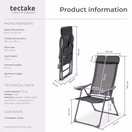 tectake Set of 4 Folding Garden Chairs with Adjustable Backrest and Head Cushions in Anthracite Grey – 3