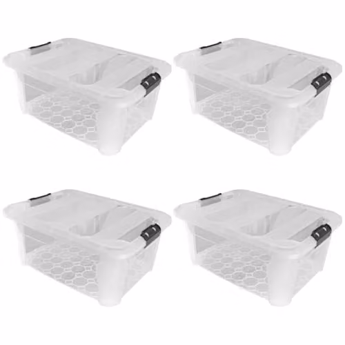 JVL Set of 4 Plastic Secure Clip Lidded Storage Boxes with Wheels, Transparent, 60L, W/D/H: 56.5 x 43.0 x 40.0 cm – 1