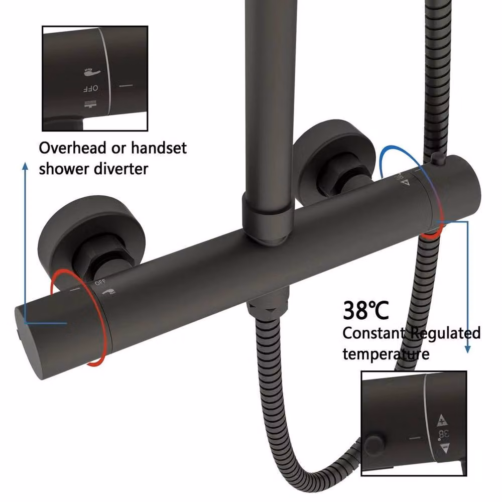 Hinsinc Matte Black Round Bar Twin Head Thermostatic Shower Set, Width: 180 cm, Height: 180 cm – 2