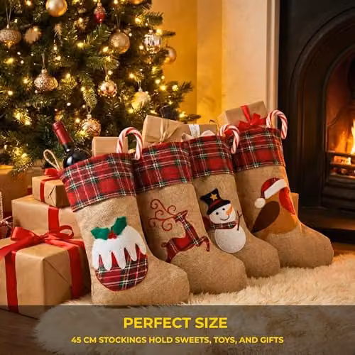 Shatchi Pack of 4 Rustic Burlap Christmas Stockings in Brown and Multicolour, 45 cm Hanging Sack Socks with Animal Designs – 3