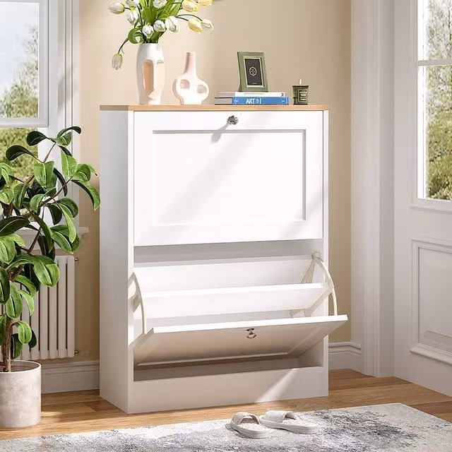 Livingandhome Modern White and Brown Wooden Wall Mounted Shoe Cabinet with Tilting Compartments and Drawers