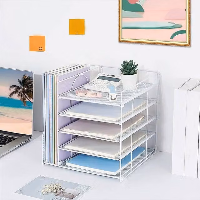 FORGEVIO 5 Tier Stackable Metal A4 Letter Tray in White, W: 28.5 cm, D: 26.5 cm, H: 31.5 cm