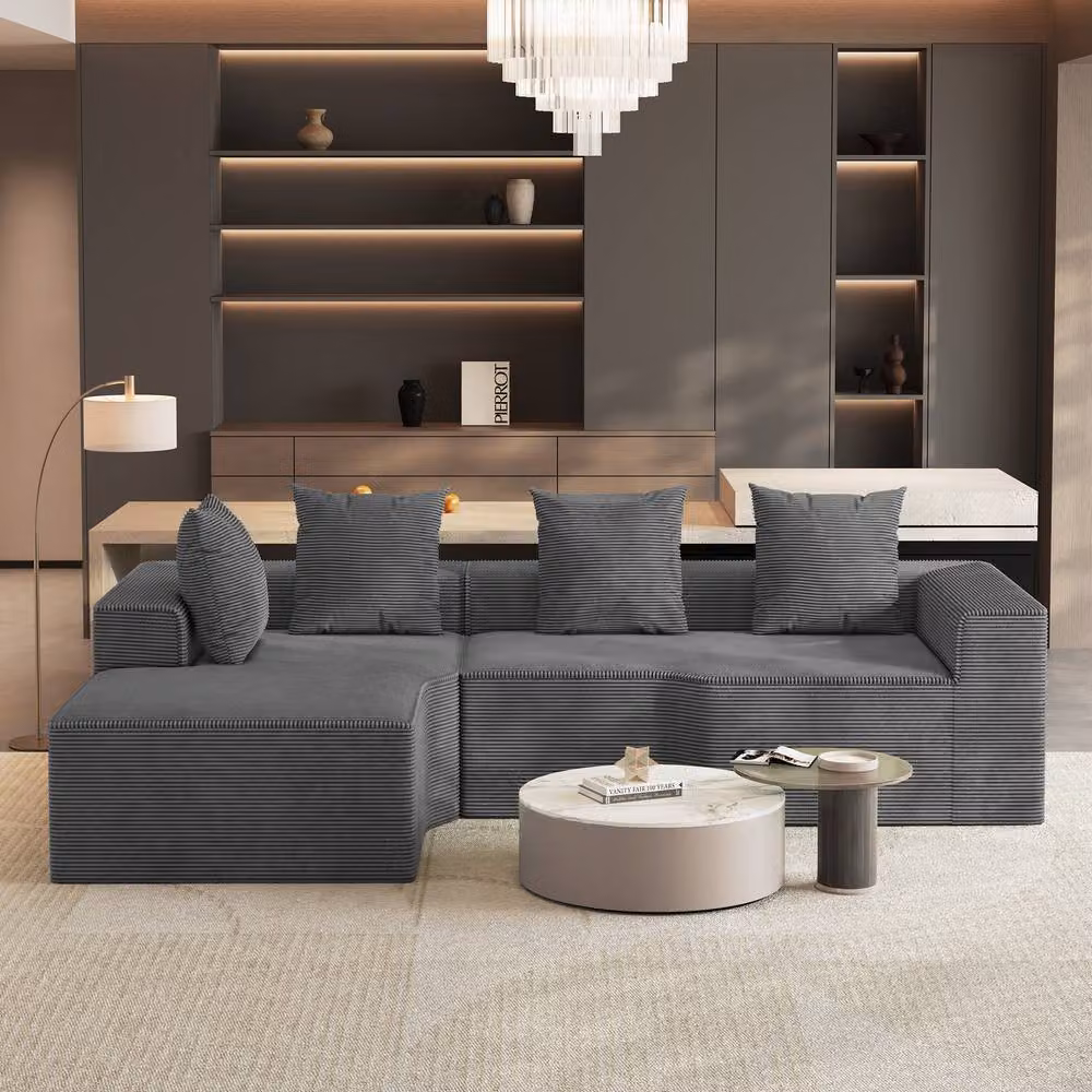 Dprodo Grey Corduroy Left-Facing L-Shaped Modular Sofa with Scatter Cushions – 2
