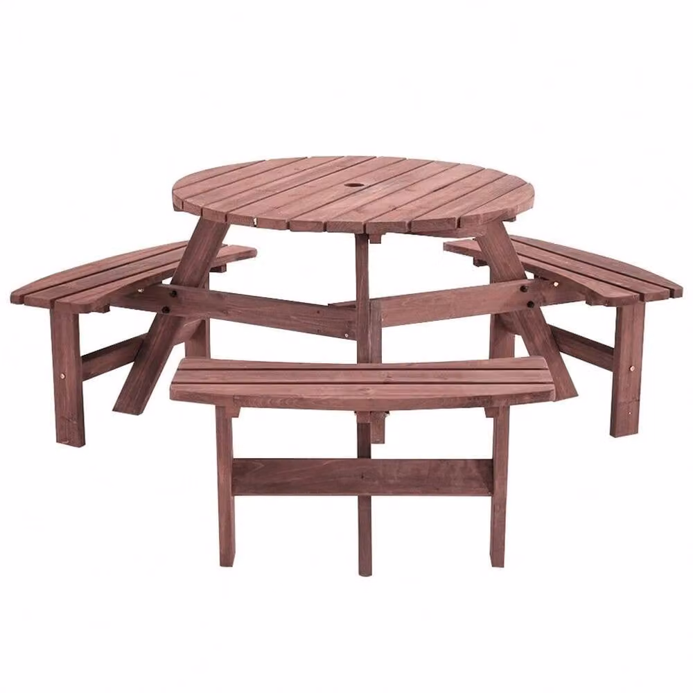 Hinsinc 6 Seater Wooden Round Picnic Table and Bench Set in Brown – 5