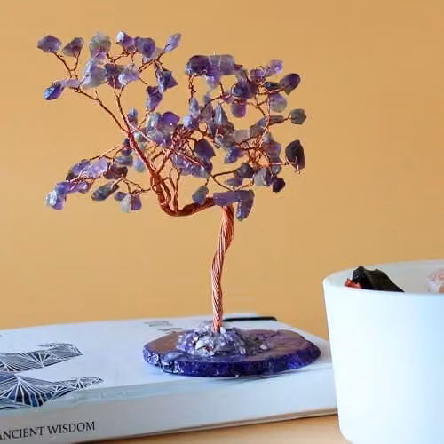 KDMD Amethyst Gemstone Bonsai Tree with Natural Agate Base and 100 Purple Stones – 1