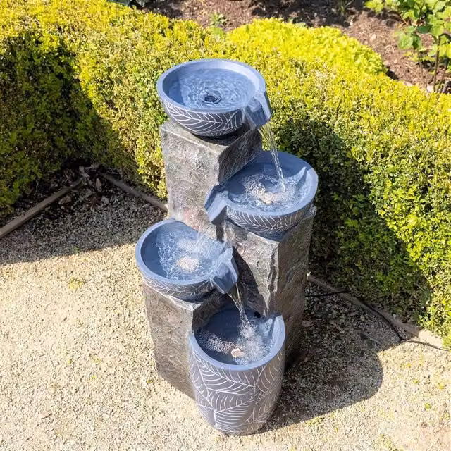 Primrose Grey Cascading Tiered Bowls Tabletop Water Feature with Leaf Etch Design