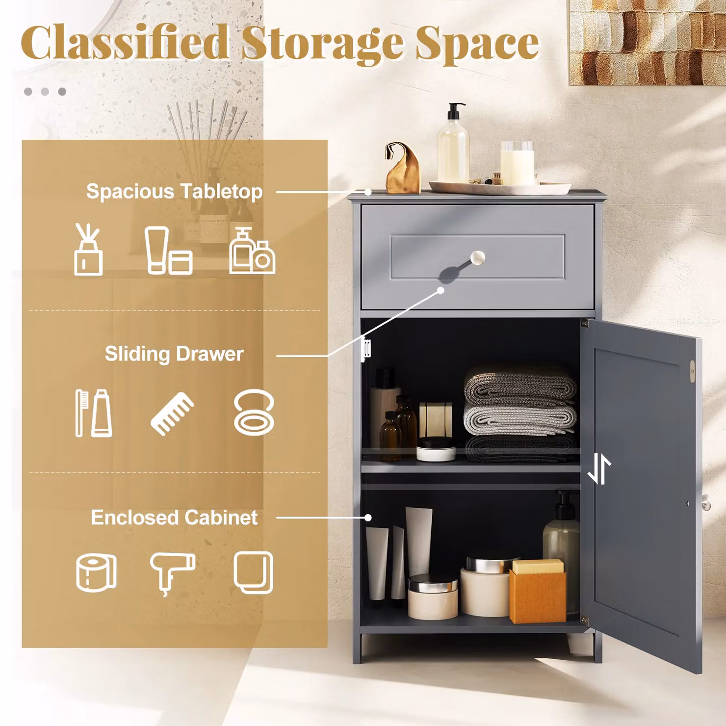 Costway Single Door Grey Bathroom Cabinet with Internal Shelves and Drawers – 8