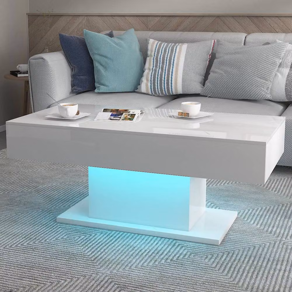 KEEPREAPER White High Glossy Rectangular Wooden LED Coffee Table – 2