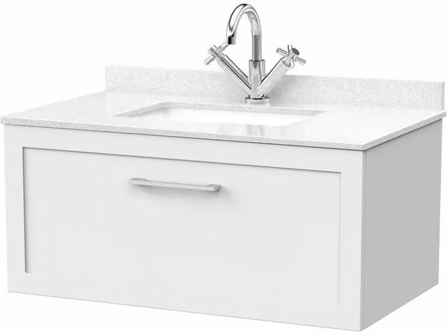 Balterley Stonnall Matt White 1 Drawer Wall Mounted Vanity Unit with Marble Top and Basin, Width: 80 cm