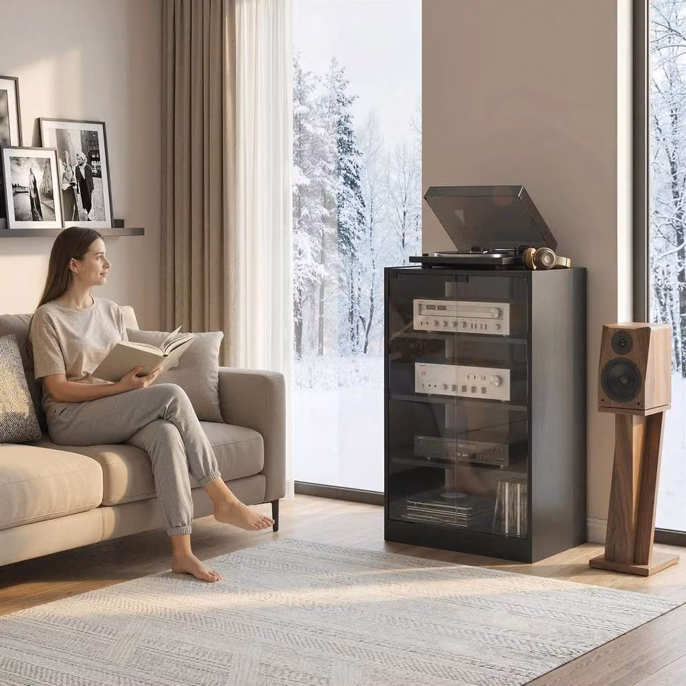 PAWNORA 4-Tier Hi-Fi Stand with Adjustable Shelves in Black Wood-Effect and Glass – 6