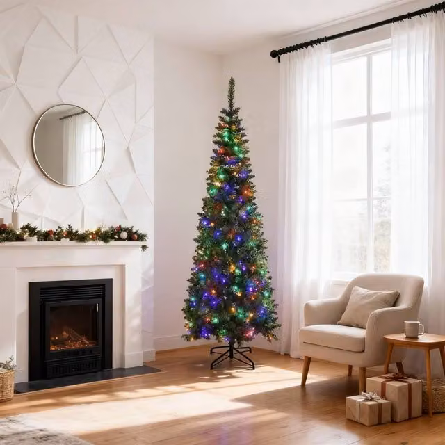 Shatchi Pre-Lit Artificial Slim Green Pencil Christmas Tree with Multicolour LEDs and Metal Stand, Height: 7ft – 1