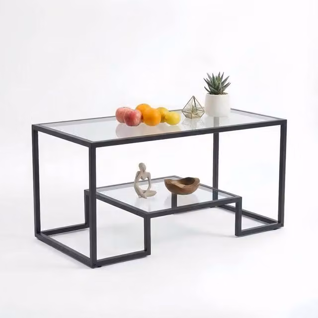 Alivio Modern Rectangular Coffee Table with Metal Frame and Transparent Wood Storage Shelves – 1