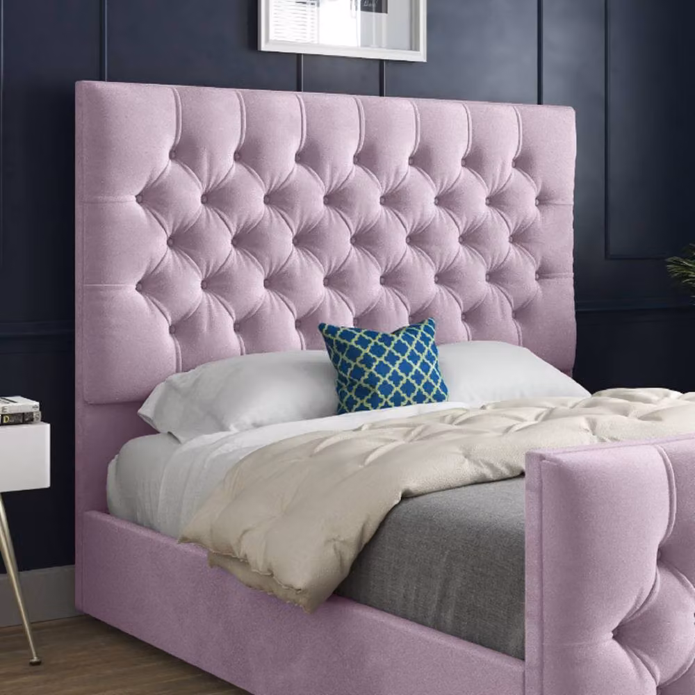 KDMD Shawford Upholstered Pink Velvet Designer Bed Frame, W/D/H: 200 x 137 x 189 cm – 4