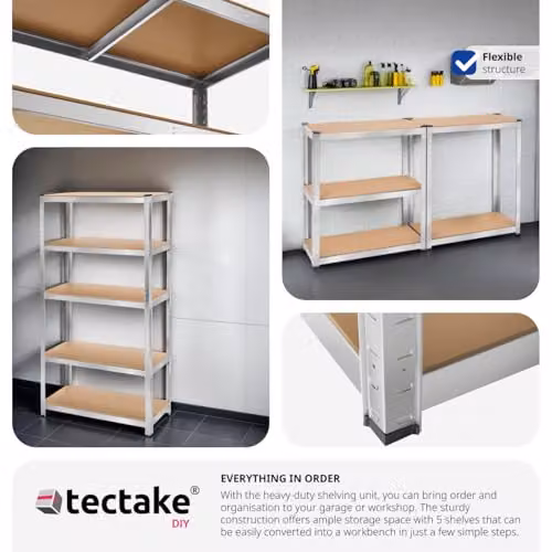 tectake 5-Tier Heavy-Duty Shelving Unit with Galvanised Steel Frame and Adjustable MDF Shelves in Silver, W/D/H: 90 x 40 x 180 cm – 3