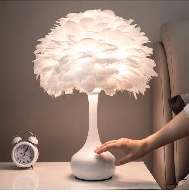 Living and Home White Feather and Ceramic Table Lamp with Warm White Light