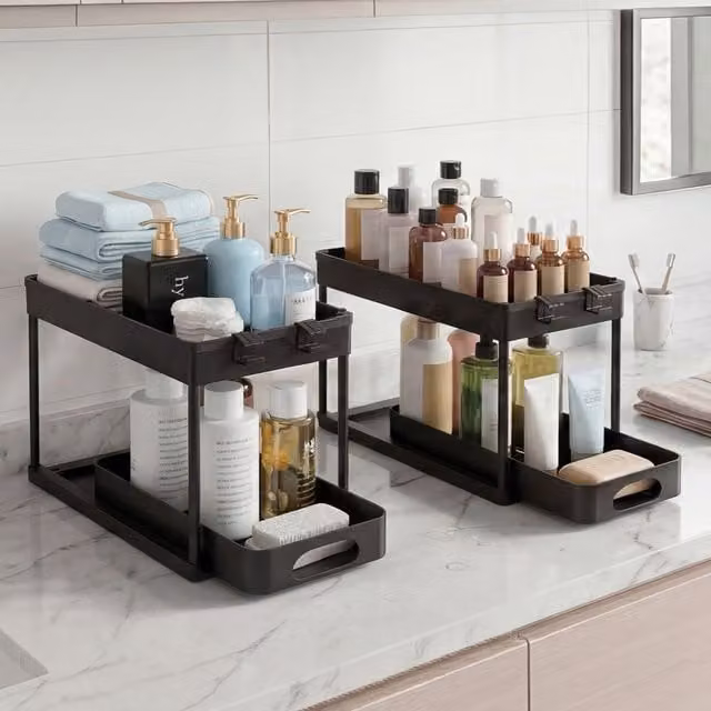 TOQUE 2 Pack Under Sink Kitchen Sliding Pull Out Organiser Drawers in Black and Orange