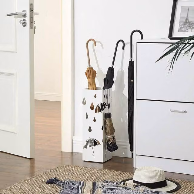 The Bazaarist Metal Umbrella Holder with Removable Drip Tray and Shelf, White – 1