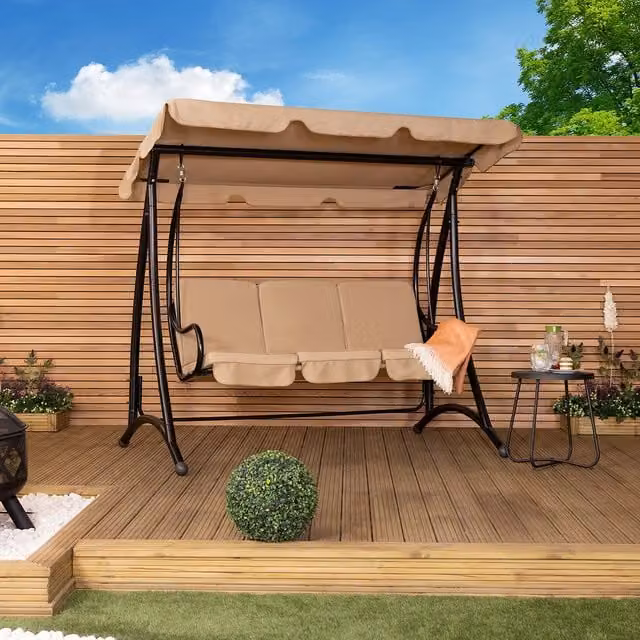 Charles Bentley 3 Seater Premium Outdoor Swing Seat with Sun Canopy and Cushions in Beige and Yellow