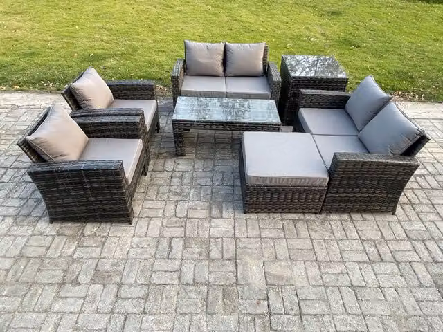 Fimous 7 Seater Dark Grey High Back Rattan Garden Furniture Set with Coffee Table and Love Seat