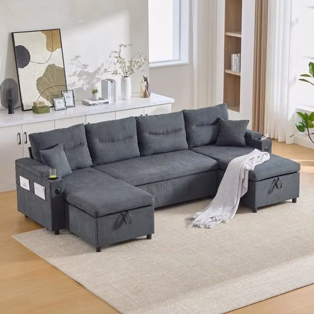 Aosom UK Contemporary 4-Seater U-Shaped Fabric Sofa in Grey with 2 Chaise Longues, Cup Holders, USB Charging and Sleeping Function, W: 272 cm, D: 136 cm, H: 86 cm