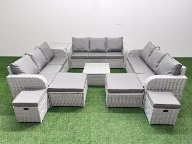 Fimous 13 Seater Outdoor Garden Furniture Set in Light Grey PE Rattan with Metal and Glass Details