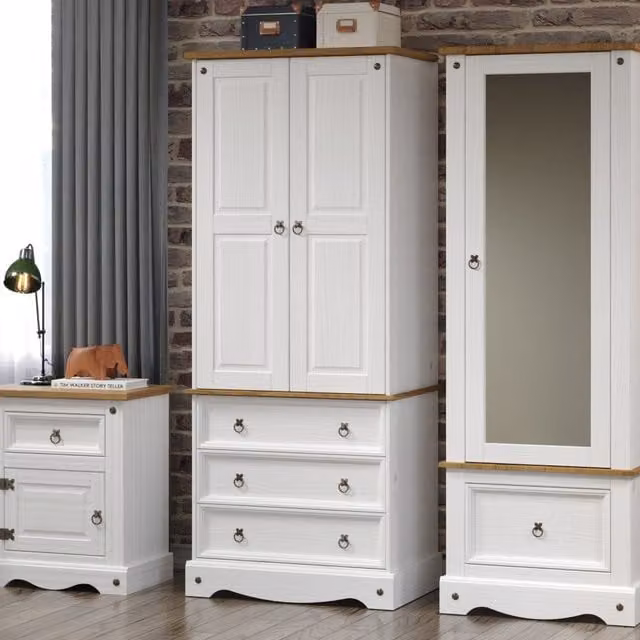 Core Corona White and Pine 2 Door Wardrobe with 3 Drawers and Mirror – 1
