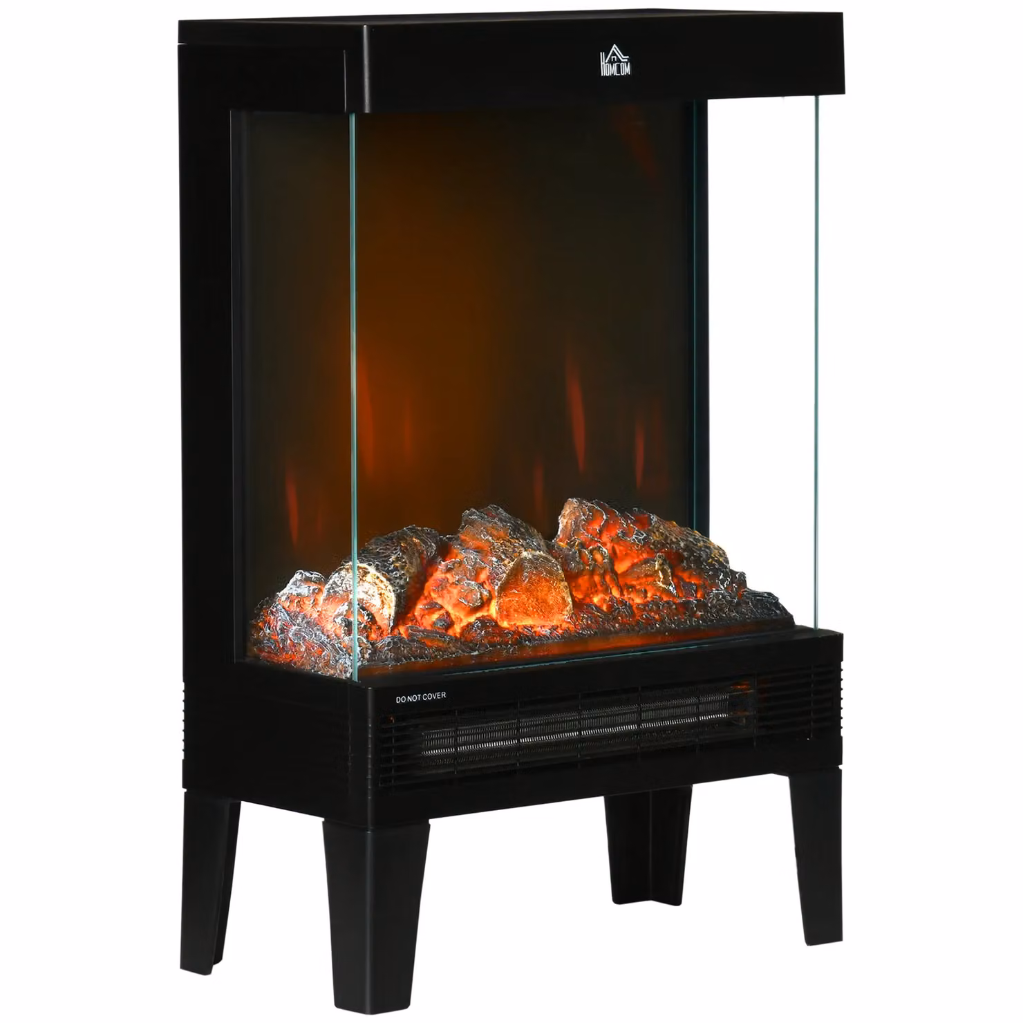 HOMCOM Black Freestanding Electric Fireplace Heater with LED Flame Effect and Glass Detail – 5