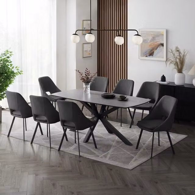 GRS Bordeaux Grey Sintered Stone Dining Set with 8 Grey Fabric Chairs, W: 180 cm, D: 80 cm, H: 75 cm