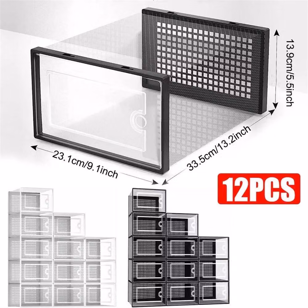 Nordara 12 x Stackable and Foldable Plastic Trainer Organiser Boxes in Black and Transparent – 2