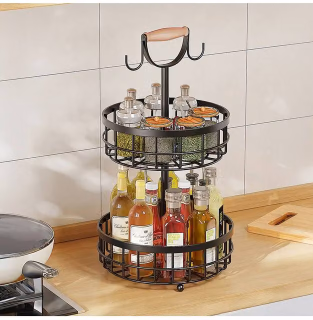Garden Sanctuary 2-Tier Fruit Basket with Hangers and Wooden Handle in Black