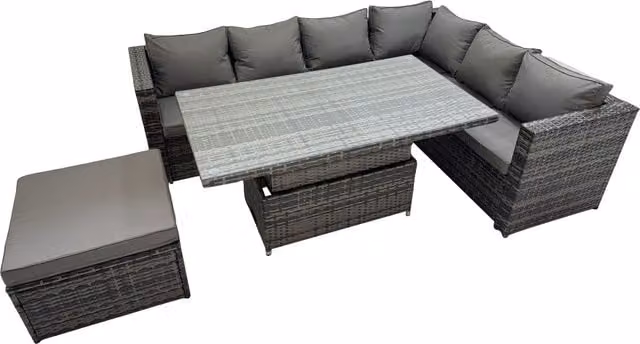 Fimous 7 Seater Rattan L-Shape Corner Sofa Set in Dark Grey with Adjustable Lifting Table and Matching Ottoman