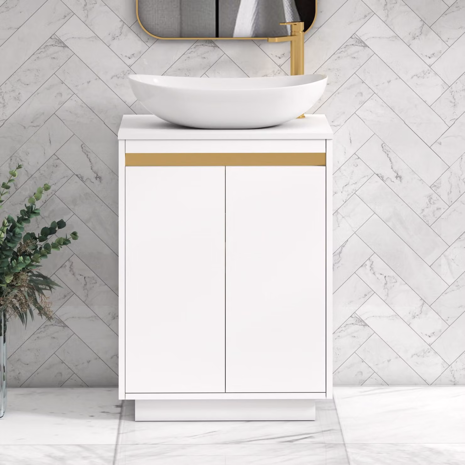 Royal Bathrooms Orion 600mm Matt White Floor Standing 2 Door Vanity Unit with Cesar Basin and Brushed Brass Accent Trim