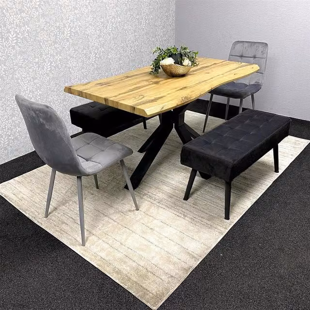 Kosy Koala Modern Rectangular Dining Set with 2 Grey Velvet Chairs and Black Bench