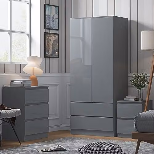 FWStyle Stora Grey Gloss 2 Door 2 Drawer Wardrobe with Soft Close Doors, H 181 cm x W 80 cm x D 50 cm – 2