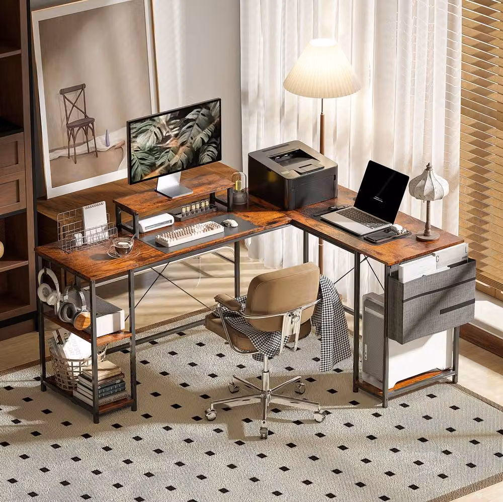 STILVORA Industrial Computer Desk with Monitor Stand and Storage in Brown – 2