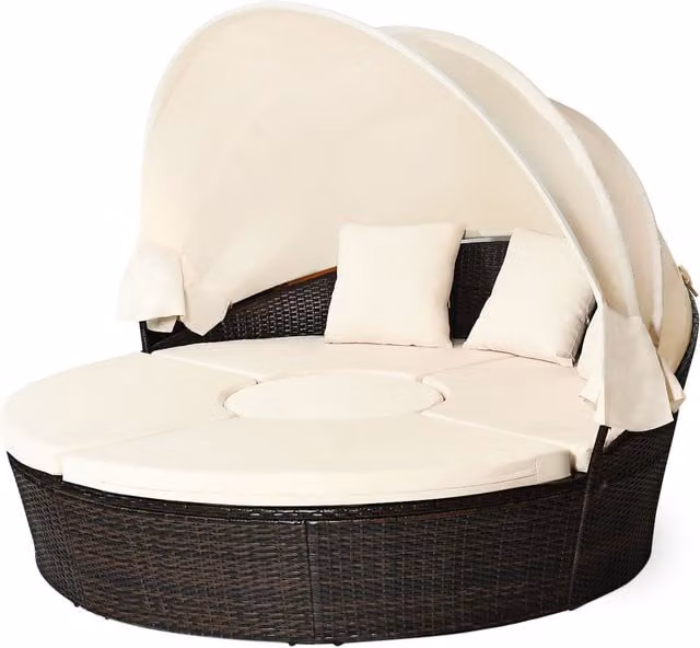 COSTWAY Outdoor Round Daybed with Retractable Sun Canopy in White Polyrattan