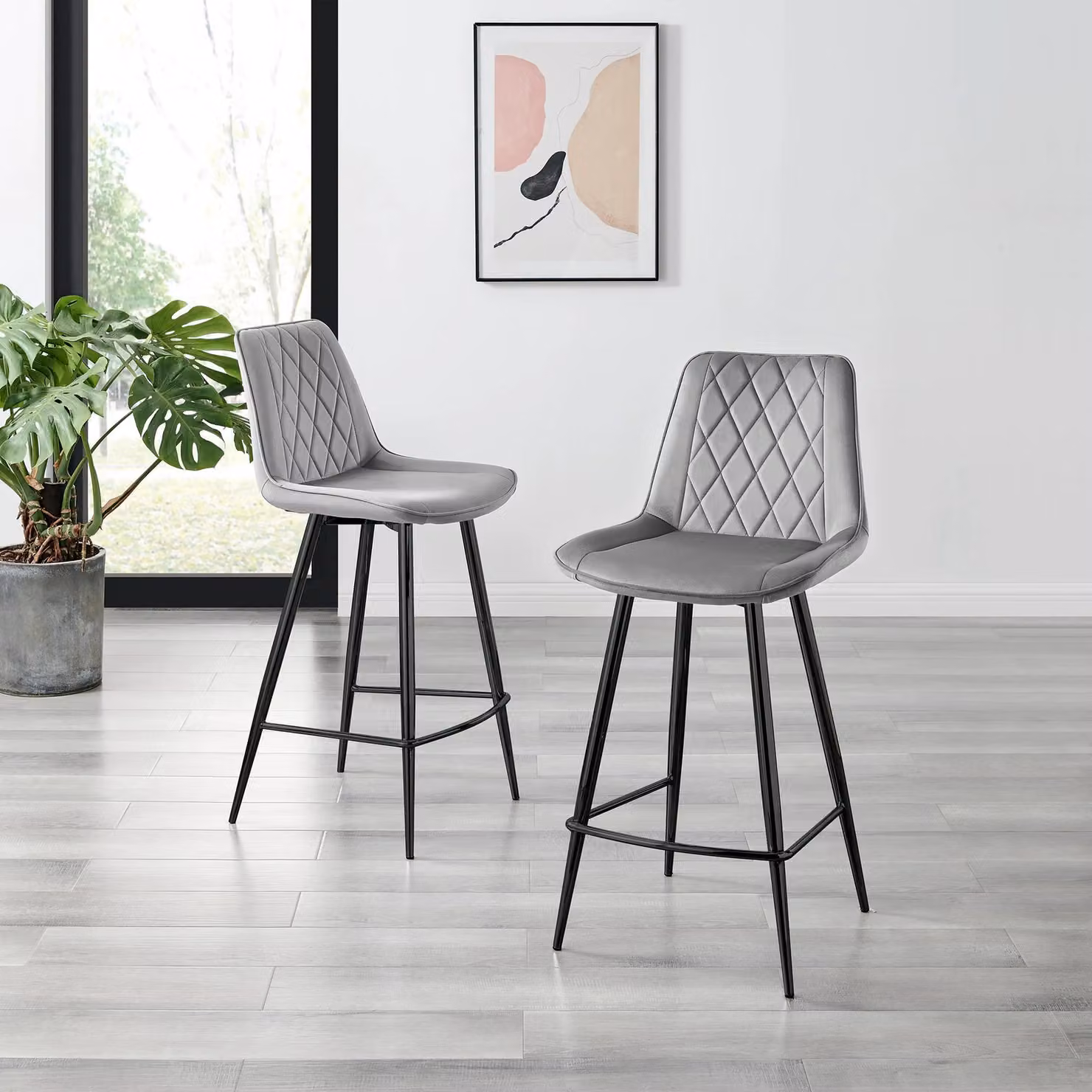 FurnitureboxUK Pesaro Set of 2 Grey Velvet Counter Stools with Black Metal Legs – 2