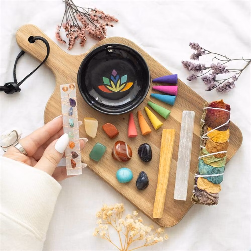 Uniqueful Sacred Chakra Deluxe Healing and Wellness Kit with Multicolour Stone, Wood and Ceramic Elements and Floral and Woody Cones – 2